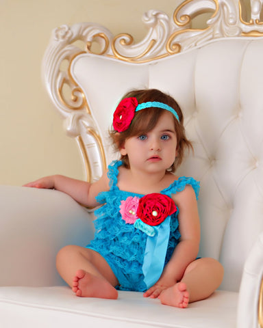 Turquoise with Pink Embellishments Lace Romper