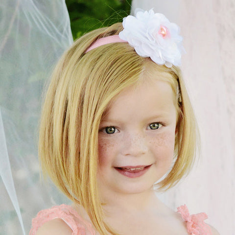 White Flower Headband with Peach Pearl