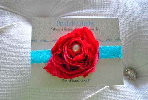 Hot Pink Large Flower Headband with Turquoise Lace