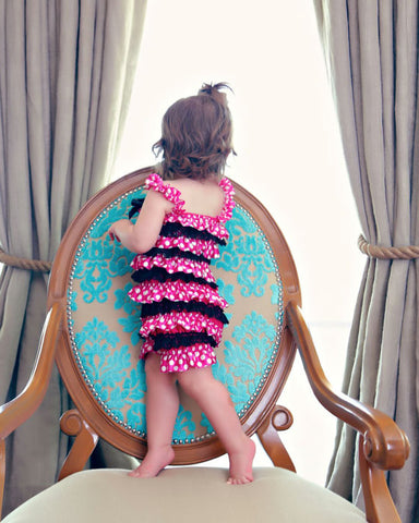 Polka Dot Satin Romper in Hot Pink and Lace