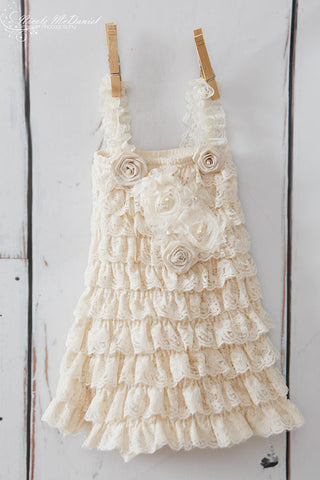 Ivory Lace Dress Embellished with Pearl, Rosettes and Rhinestone