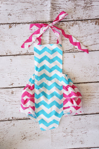 Turquoise and Pink Chevron Bubble Romper