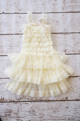 Ivory Sheer Chiffon and Lace Ruffle Dress