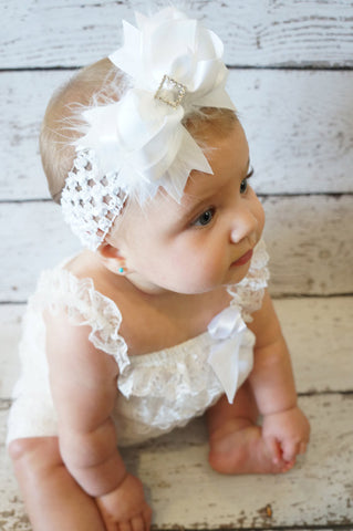 White Feather Hair Bow with Rhinestone Center